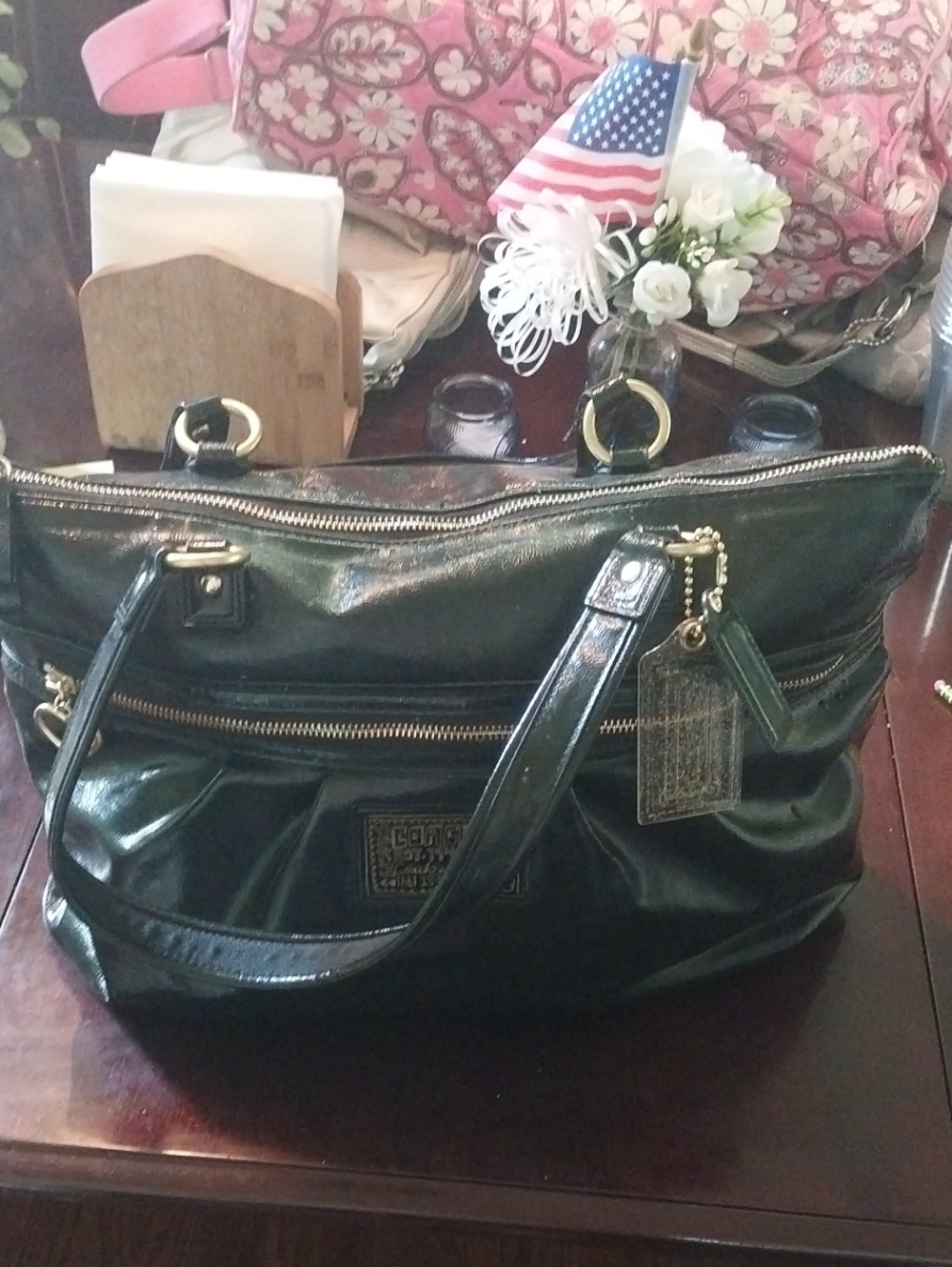Coach Black Patent Leather Shoulder Bag with Gold Hardware